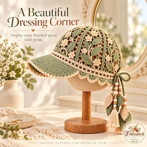 May include: A crocheted cap in sage green and cream featuring floral and leaf motifs, small pearl accents, and a scalloped brim. The back includes dangling tassels with beads and leaves. Text reads: A Beautiful Dressing Corner, Display your finished piece with pride, DIGITAL PATTERN, NO PHYSICAL ITEM, Festivaanest.