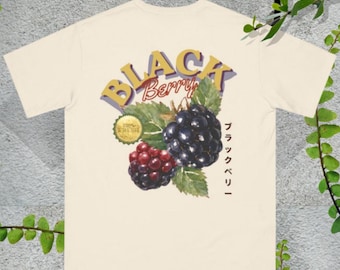 Blackberry Illustration T-Shirt | Vintage Fruit Graphic, Japanese Text