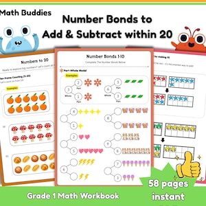 Può includere: Un quaderno di esercizi di matematica per la prima elementare intitolato Math Buddies Number Bonds to Add & Subtract within 20. Il materiale didattico presenta illustrazioni colorate di arance, funghi, pane, fiori, farfalle, gatti e gelati.