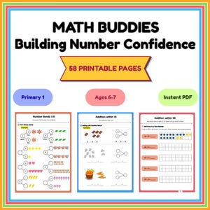 Może przedstawiać: Cyfrowa pomoc edukacyjna pod tytułem MATH BUDDIES Building Number Confidence, zawierająca 58 stron do druku. Obejmuje trzy arkusze ćwiczeń dotyczące wiązań liczbowych 1-10, dodawania do 10 oraz dodawania do 20 dla dzieci w wieku 6-7 lat.