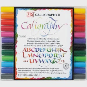 May include: A set of Zig Calligraphy II twin-tip markers in a clear plastic case. The packaging features the text Calligraphy II, 3.5mm tip and 2.0mm tip twin type marker, and an alphabet sample. The markers are arranged in a column on each side.