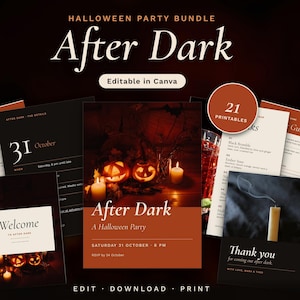 May include: A Halloween party bundle titled After Dark, featuring 21 editable printables including invitations, trivia cards, and thank you notes. The designs use a dark colour palette with orange accents, featuring imagery of lit jack-o'-lanterns and candles.