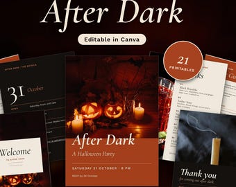 May include: A Halloween party bundle titled After Dark, featuring 21 editable printables including invitations, trivia cards, and thank you notes. The designs use a dark color palette with orange accents, featuring imagery of lit jack-o'-lanterns and candles.