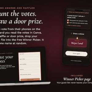 A laptop with the costume awards voting page and a phone with the Winner Picker, which draws one guest name at random for a door prize.