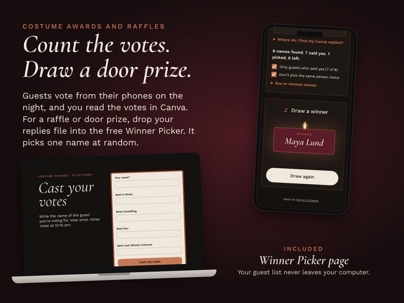A laptop with the costume awards voting page and a phone with the Winner Picker, which draws one guest name at random for a door prize.