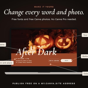 A laptop showing the invitation page with labels on the parts you can change: party name, date and place, photos, buttons, colors and fonts.