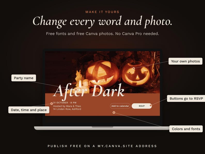 A laptop showing the invitation page with labels on the parts you can change: party name, date and place, photos, buttons, colors and fonts.