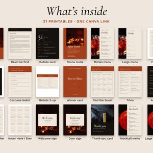 All 21 printables in a grid: invitation, read-me page, details card, phone invite, drinks menus, food labels, place cards, costume ballots, winner card, four party games, welcome sign, door sign, thank-you card and mocktail menus.