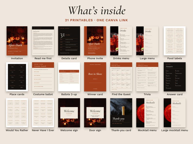 All 21 printables in a grid: invitation, read-me page, details card, phone invite, drinks menus, food labels, place cards, costume ballots, winner card, four party games, welcome sign, door sign, thank-you card and mocktail menus.