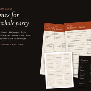 Four Halloween party games: Find the Guest, Halloween Trivia, Would You Rather and Never Have I Ever, with an answer card for the host. They print on US Letter or A4.