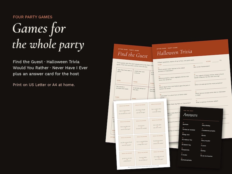 Four Halloween party games: Find the Guest, Halloween Trivia, Would You Rather and Never Have I Ever, with an answer card for the host. They print on US Letter or A4.
