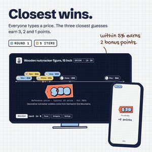 May include: A digital game interface titled Closest wins. The screen displays a price guessing game for a 38 cm wooden nutcracker figure. Players Dev, Ben, Mika, Ana, Jose, and Ray have submitted guesses on a timeline. A mobile phone shows a $30 price tag and +2 points.