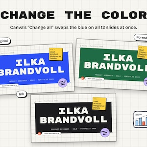 The cover slide in three colors: the original blue, forest green and black.