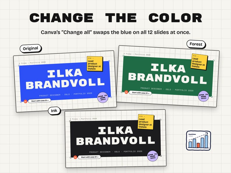 The cover slide in three colors: the original blue, forest green and black.