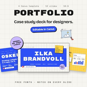 May include: A digital portfolio template for Canva featuring 12 slides in a 16:9 aspect ratio. The design includes a grid background, blue and yellow slide previews with text like ILKA BRANDVOLL, and labels stating Works on Free Canva.