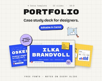 May include: A digital portfolio template for Canva featuring 12 slides in a 16:9 aspect ratio. The design includes a grid background, blue and yellow slide previews with text like ILKA BRANDVOLL, and labels stating Works on Free Canva.
