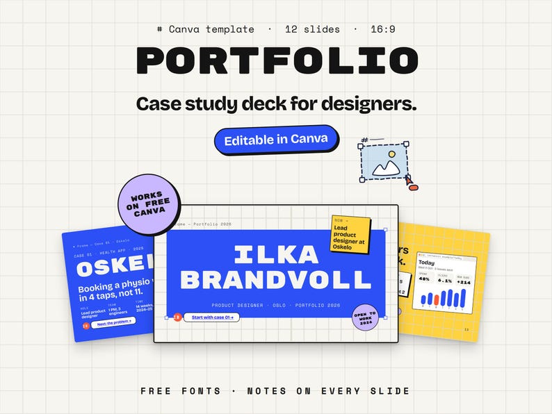Canva portfolio template for designers: a blue cover slide with the sample name Ilka Brandvoll, and a case study slide and a chart slide behind it. 12 slides, 16:9.