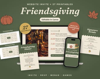 May include: A digital Friendsgiving event kit featuring a laptop and smartphone displaying invitations, menus, and bingo cards. The design uses a dark green background with cream text, including the headings Friendsgiving, Signature Drinks, and 27 Printables.