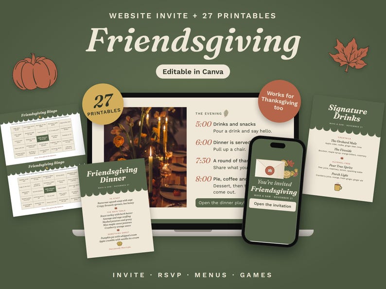 Friendsgiving invitation website on a laptop and a phone, with a printed dinner menu, drinks menu and bingo cards beside them. Sage green Canva template with 27 printables.