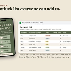 A phone showing the potluck section of the website, next to a Google Sheet potluck list where guests add their name, their dish and how many people it serves.