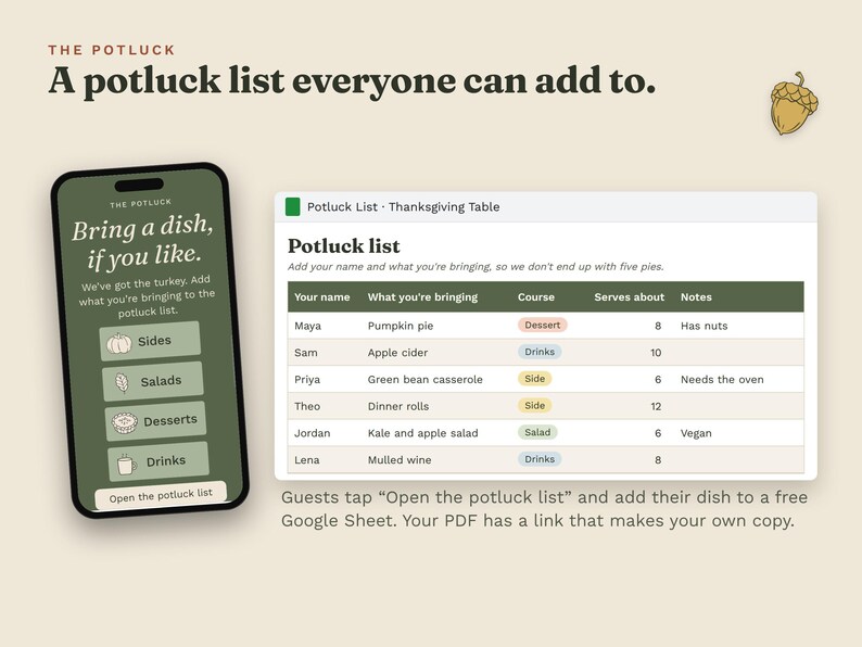 A phone showing the potluck section of the website, next to a Google Sheet potluck list where guests add their name, their dish and how many people it serves.
