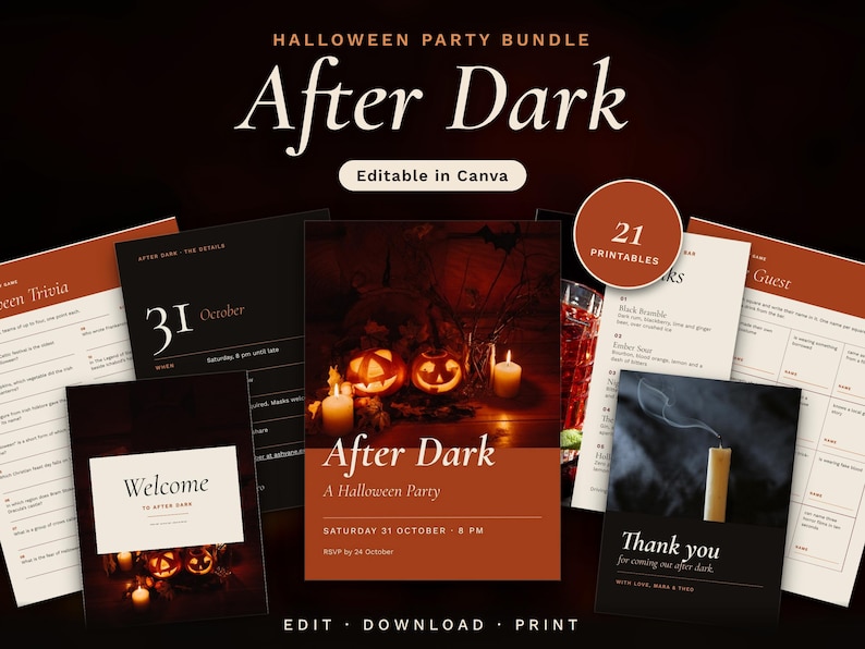 After Dark Halloween party bundle: an invitation with carved pumpkins, a welcome sign, drinks menu, trivia sheet, details card and thank-you card in black, rust and cream. 21 printables, editable in Canva.