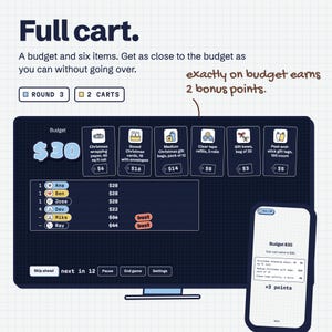 May include: A digital game interface titled Full cart showing a $30 budget, six item cards with prices, and a leaderboard with player names and scores. A smartphone displays a summary of a $28 cart total and points earned on a grid background.