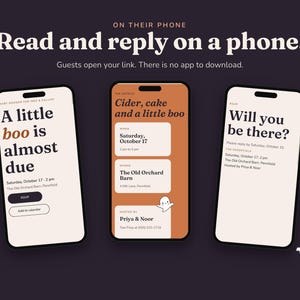 Three phones showing the baby shower website: the invitation, the details and the RSVP page.