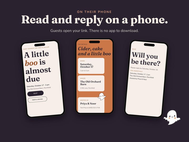 Three phones showing the baby shower website: the invitation, the details and the RSVP page.