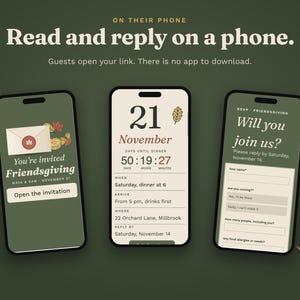 Three phones showing the Friendsgiving website: the envelope welcome page, the details with a countdown to dinner, and the RSVP form.