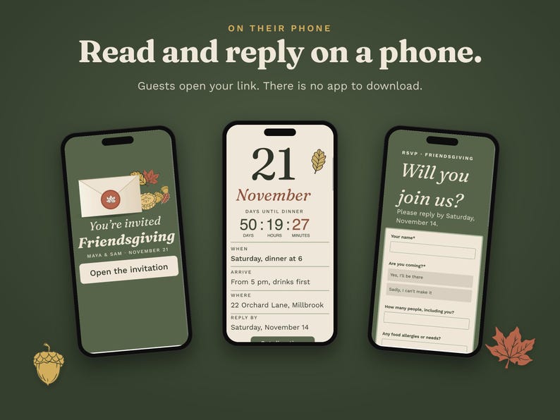 Three phones showing the Friendsgiving website: the envelope welcome page, the details with a countdown to dinner, and the RSVP form.