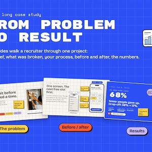 Three case study slides in a row: the problem, before and after, and the results with a 68% figure.