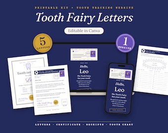 May include: A printable kit featuring Tooth Fairy letters, a certificate, and a tooth tracking website. The set includes five letters, one website, and a tooth chart. The design is editable in Canva and displays text including Tooth Fairy Letters.
