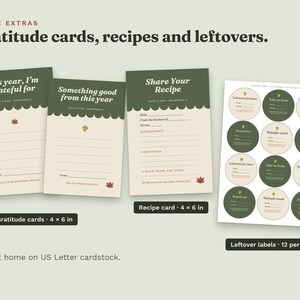 Two gratitude cards, a recipe card (4 x 6 in) and a sheet of 12 round leftover labels in sage green and cream.