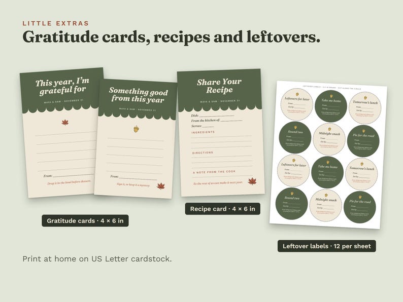 Two gratitude cards, a recipe card (4 x 6 in) and a sheet of 12 round leftover labels in sage green and cream.