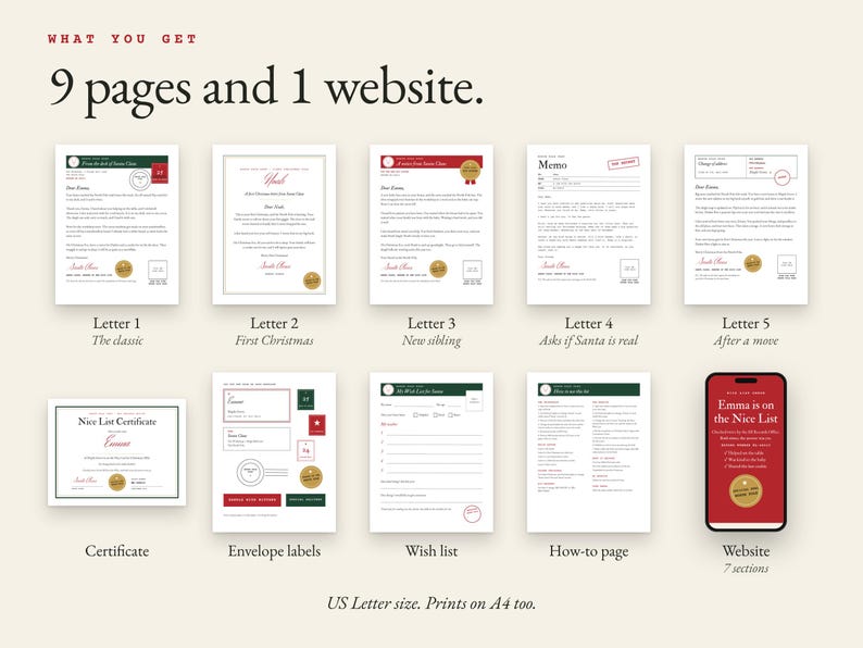 Everything in the kit: five Santa letters, the certificate, envelope labels, the wish list, a how-to page and the website with 7 sections.