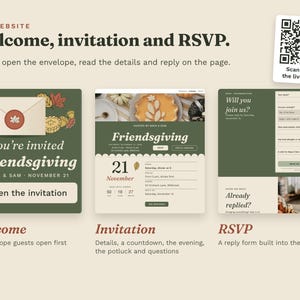 The three website pages side by side: a welcome page with an envelope, the invitation with a countdown, and the RSVP form. A QR code opens the live demo.