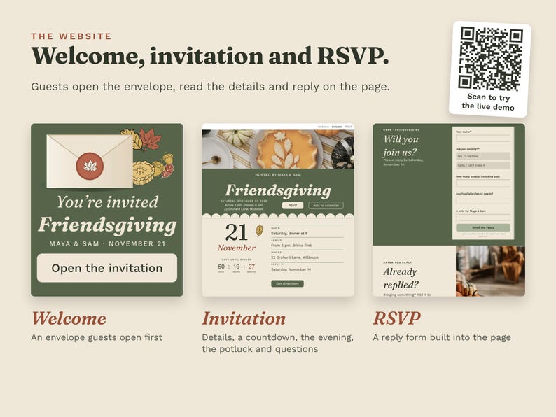 The three website pages side by side: a welcome page with an envelope, the invitation with a countdown, and the RSVP form. A QR code opens the live demo.