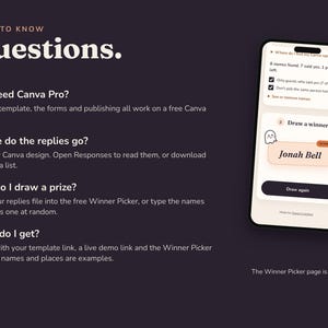 Buyer questions answered: Canva Pro is not needed, where the replies go, how to draw a prize and what is included. A phone shows the Winner Picker.