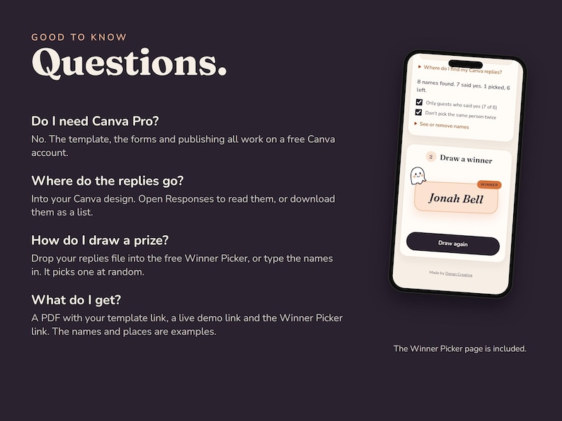 Buyer questions answered: Canva Pro is not needed, where the replies go, how to draw a prize and what is included. A phone shows the Winner Picker.