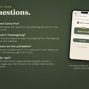 Buyer questions answered: Canva Pro is not needed, Friendsgiving can be swapped for Thanksgiving, and the printable sizes. A phone shows the free Winner Picker.