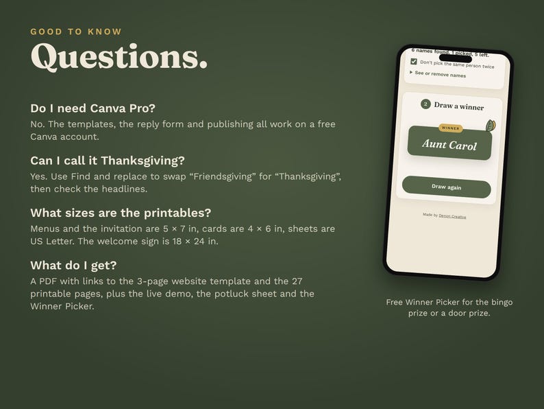 Buyer questions answered: Canva Pro is not needed, Friendsgiving can be swapped for Thanksgiving, and the printable sizes. A phone shows the free Winner Picker.