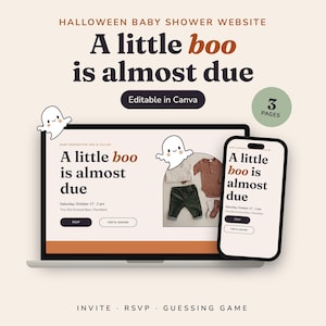 May include: A digital Halloween baby shower website template featuring the text A little boo is almost due. The design includes cute ghost illustrations, a laptop and smartphone display, and editable sections for event details like date and RSVP.