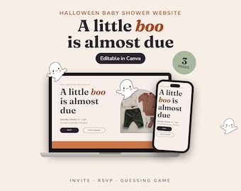 May include: A digital Halloween baby shower website template featuring the text A little boo is almost due. The design includes cute ghost illustrations, a laptop and smartphone display, and editable sections for event details like date and RSVP.