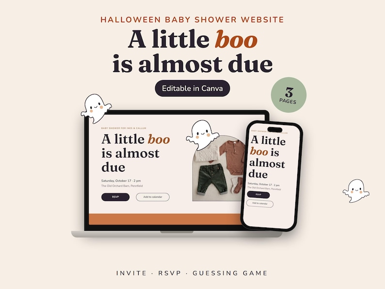 Little Boo Halloween baby shower invitation website on a laptop and a phone. The headline reads A little boo is almost due, with a small ghost and baby clothes. Three pages, editable in Canva.