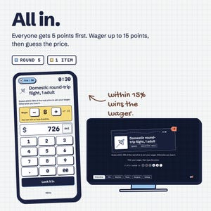 May include: A digital game interface showing a mobile phone and a computer monitor. The screen displays the text All in. Everyone gets 5 points first. Wager up to 15 points, then guess the price. The phone shows a keypad and a wager of 8 points.