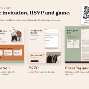 The three website pages side by side: the invitation, the RSVP form and the guessing game. A QR code opens the live demo.