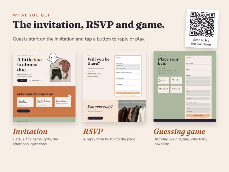 The three website pages side by side: the invitation, the RSVP form and the guessing game. A QR code opens the live demo.
