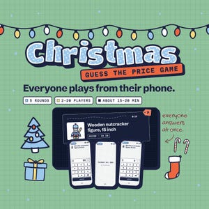 May include: A Christmas Guess the Price game graphic on a green grid background. Text reads: Christmas Guess the Price Game, Everyone plays from their phone, 5 rounds, 2-20 players, about 15-20 min, everyone answers at once. Includes phone screens.
