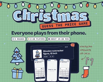 May include: A Christmas Guess the Price game graphic on a green grid background. Text reads: Christmas Guess the Price Game, Everyone plays from their phone, 5 rounds, 2-20 players, about 15-20 min, everyone answers at once. Includes phone screens.
